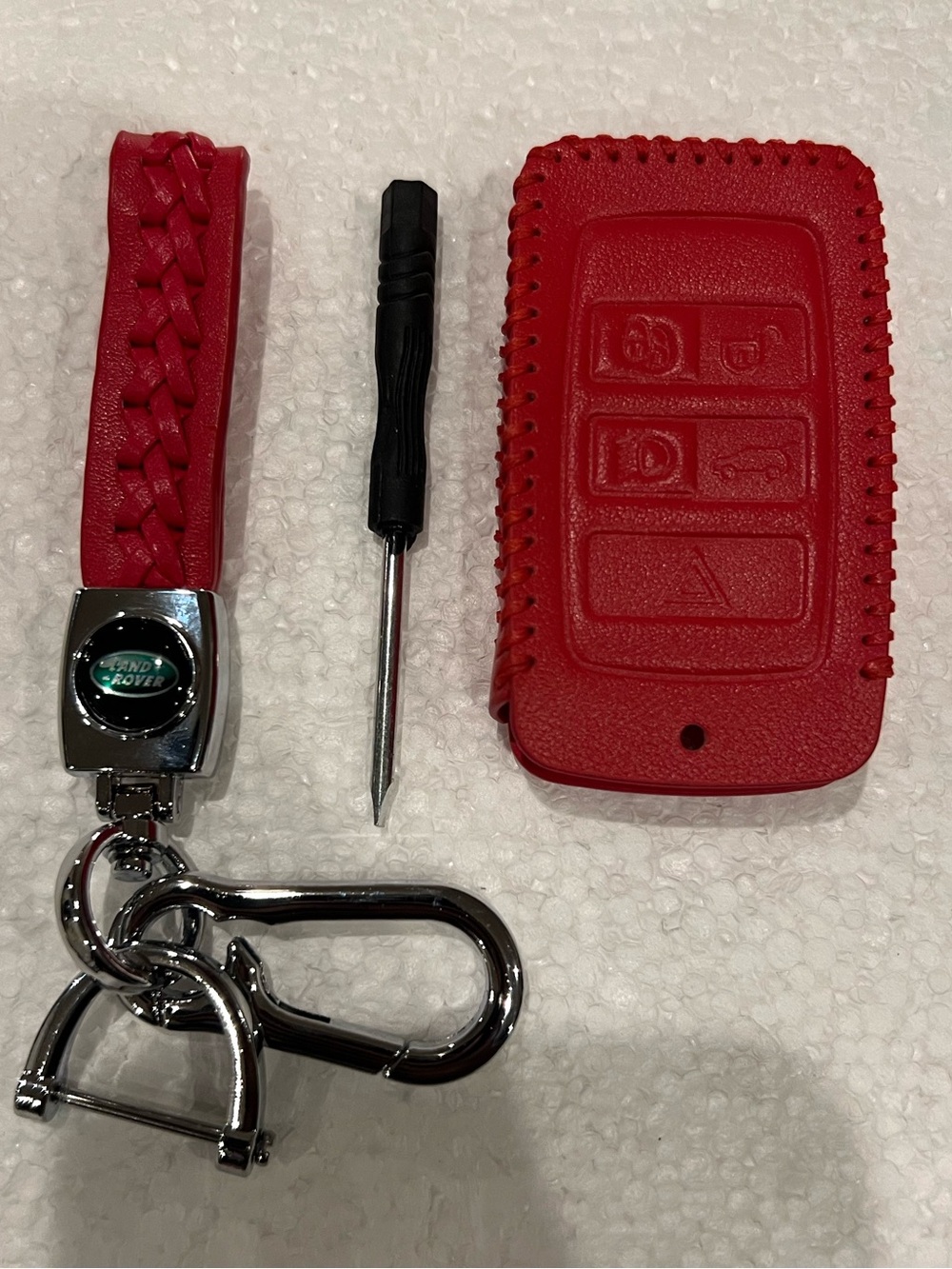 LAND ROVER Red Braided Leather Chrome Keychain & Red Leather Key Fob Case Cover